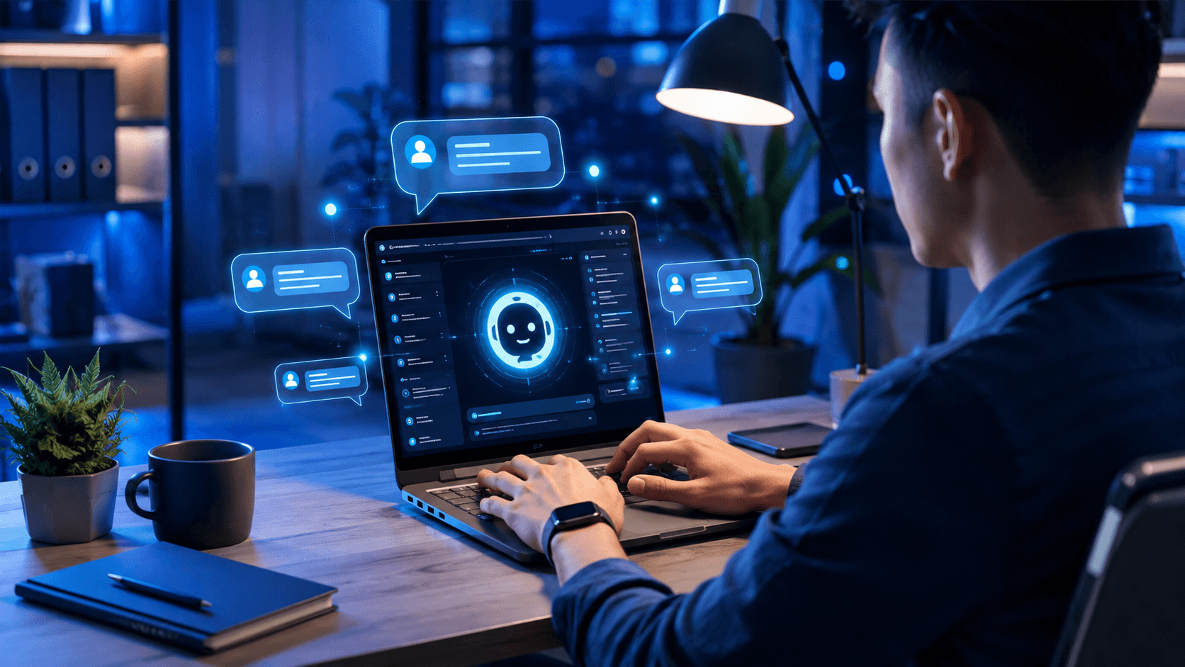 Seseorang menggunakan ChatGPT di laptop untuk belajar dan bekerja dengan antarmuka AI modern berlatar warna biru.