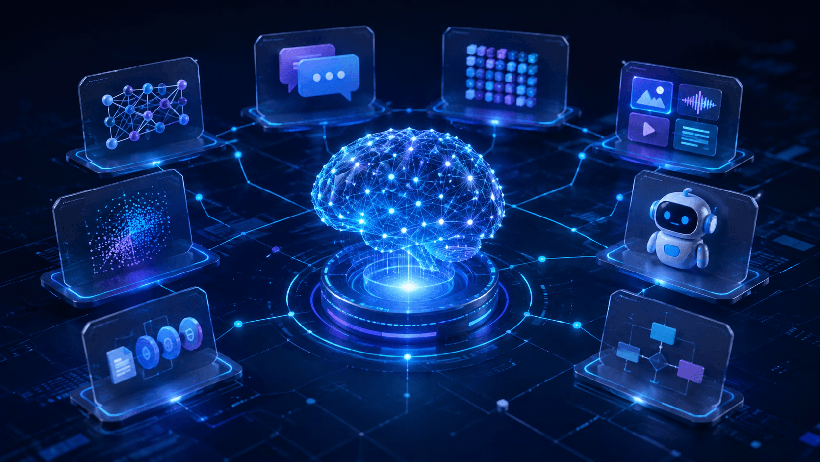 Ilustrasi berbagai konsep Artificial Intelligence seperti LLM, prompt, neural network, multimodal AI, RAG, dan AI agent dalam antarmuka teknologi modern.