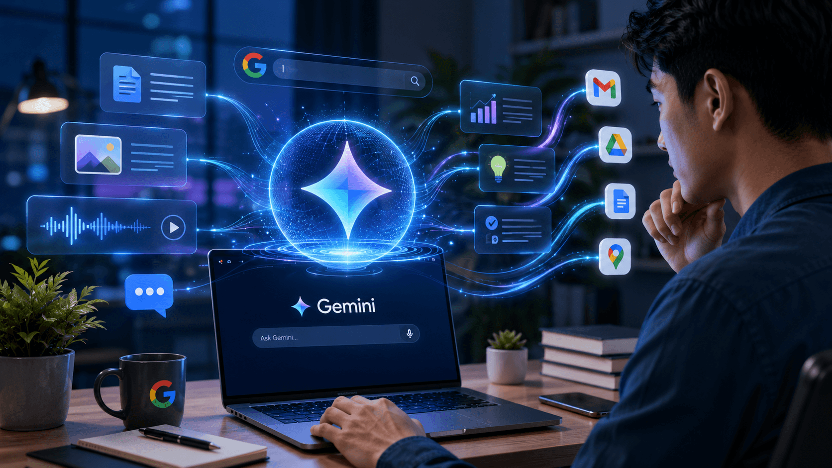 Pengguna berinteraksi dengan asisten AI Google Gemini di laptop dengan elemen visual teks, gambar, suara, dan jaringan AI yang menggambarkan kemampuan multimodal.