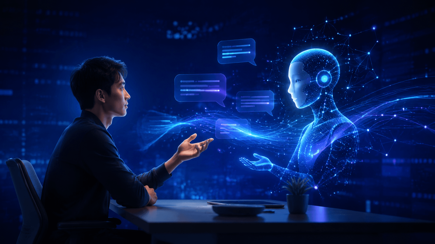 Ilustrasi chatbot ChatGPT dengan antarmuka percakapan AI modern di atas latar teknologi berwarna biru.