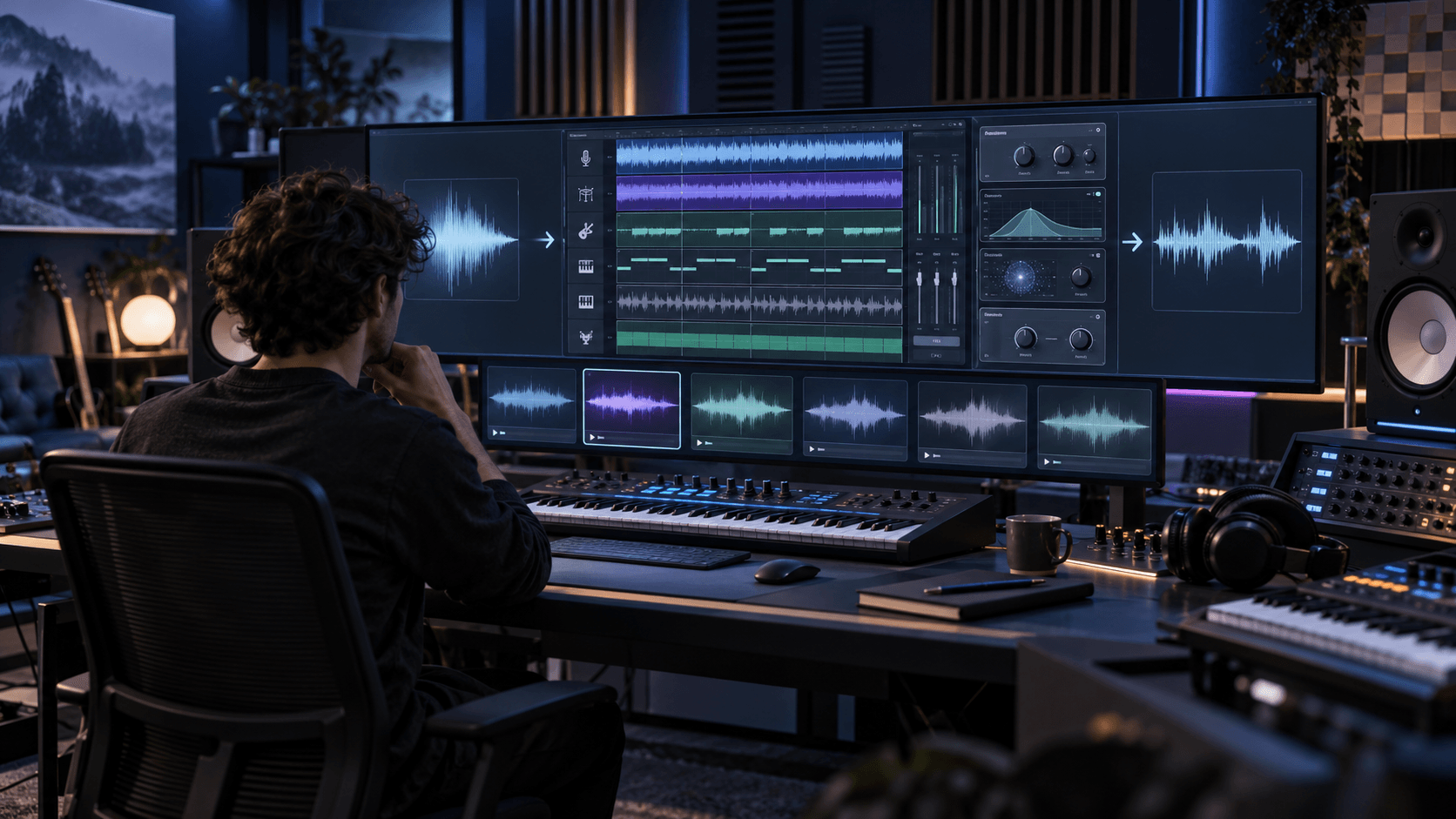 Ilustrasi workflow produksi musik AI dari pembuatan audio hingga pengeditan multitrack, stems, pola nada, efek, dan evaluasi beberapa hasil.