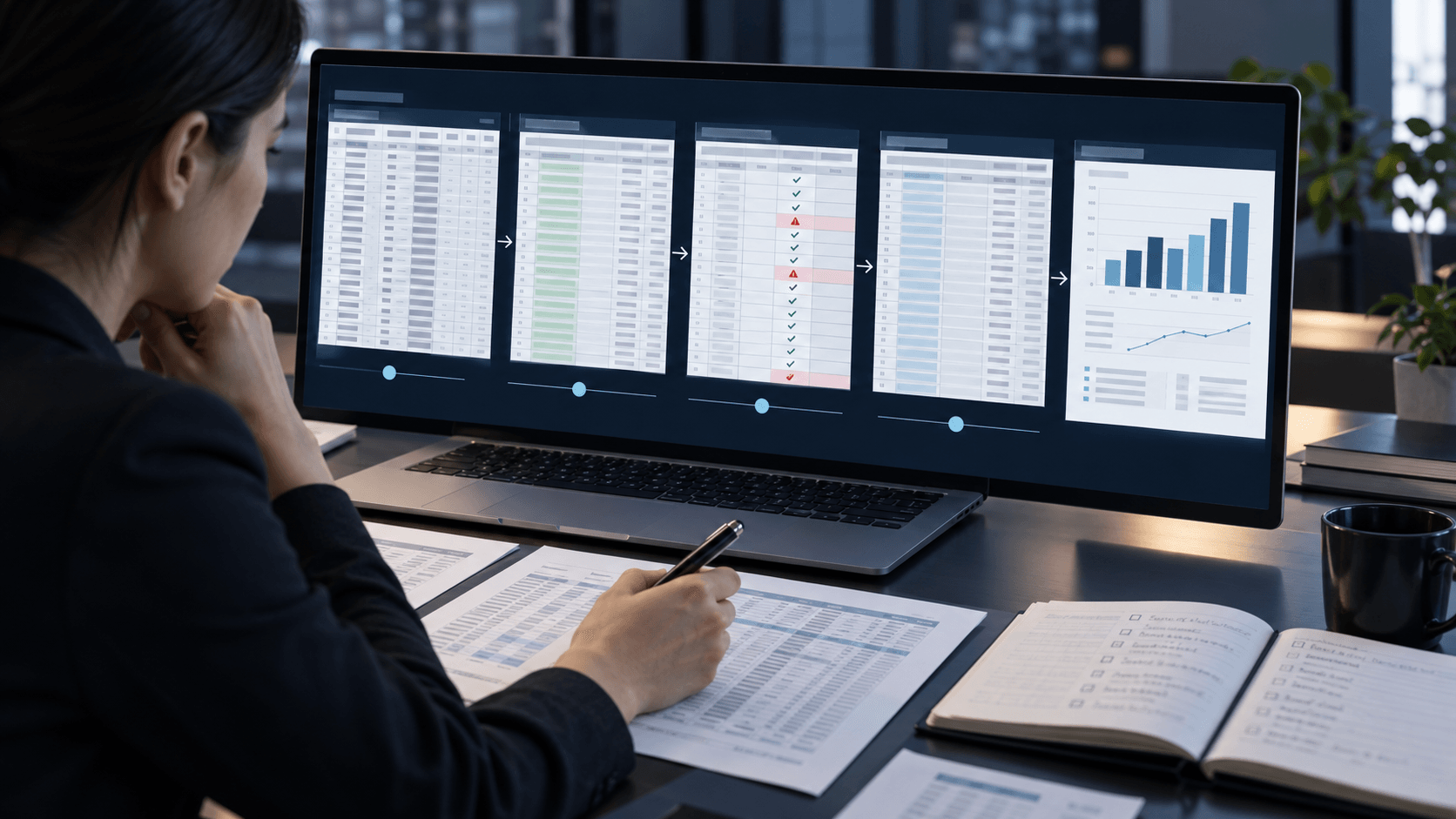 Ilustrasi spreadsheet dengan grafik dan panel analisis AI yang menyoroti data penting