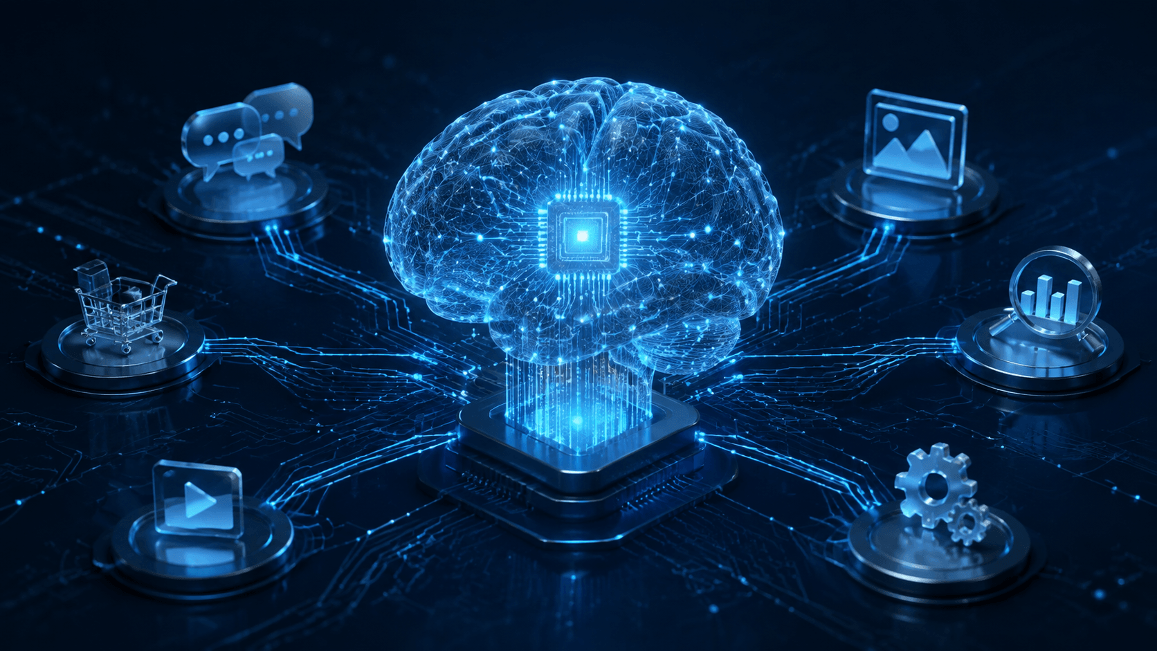 Ilustrasi otak digital Artificial Intelligence yang terhubung dengan sistem bahasa, gambar, rekomendasi, analisis, dan otomasi.