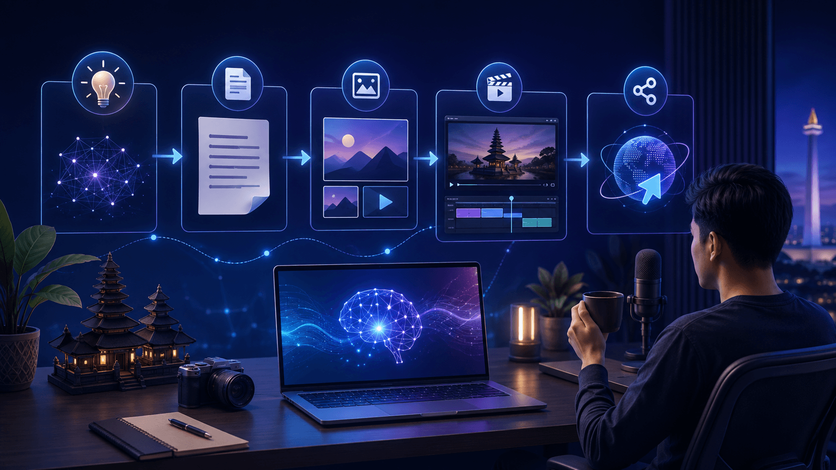 Ilustrasi content creator menggunakan AI untuk merencanakan ide, menulis script, membuat visual, mengedit, dan mempublikasikan konten dalam satu workflow digital.