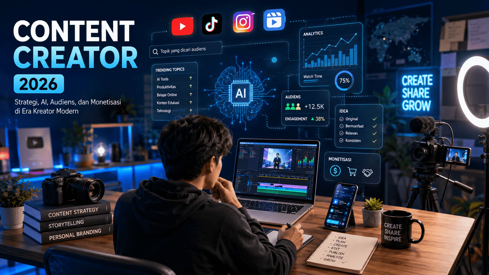 Content creator modern sedang merencanakan strategi konten menggunakan laptop, smartphone, analytics, video pendek, dan asisten AI dalam workspace digital.