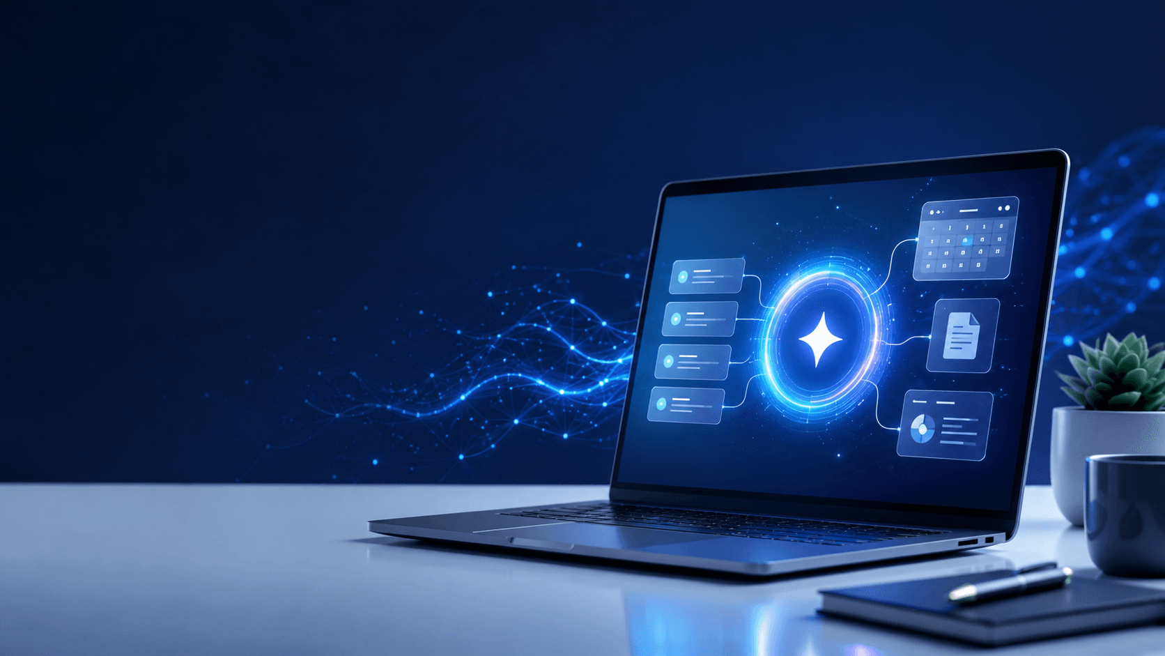 Ilustrasi pengguna dewasa mengatur tugas otomatis dengan Gemini Spark di dashboard produktivitas Google bernuansa biru.
