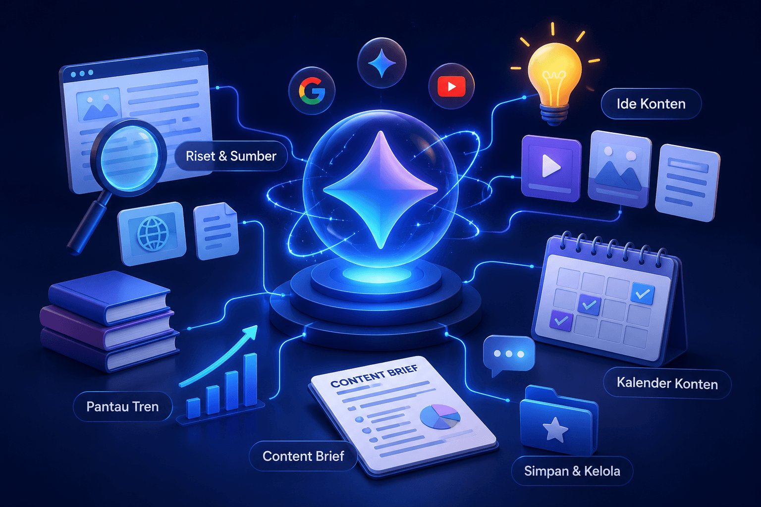 Ilustrasi Gemini Spark membantu kreator melakukan riset tren, menemukan ide konten, dan menyusun workflow produksi.