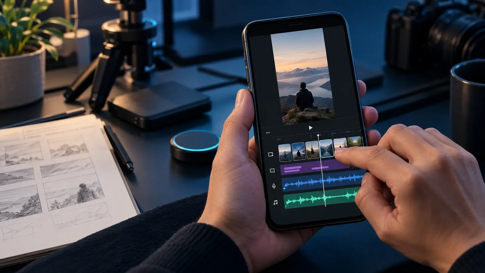 Pipeline produksi YouTube Shorts faceless di HP dengan video AI, narasi, caption, dan musik berlisensi.