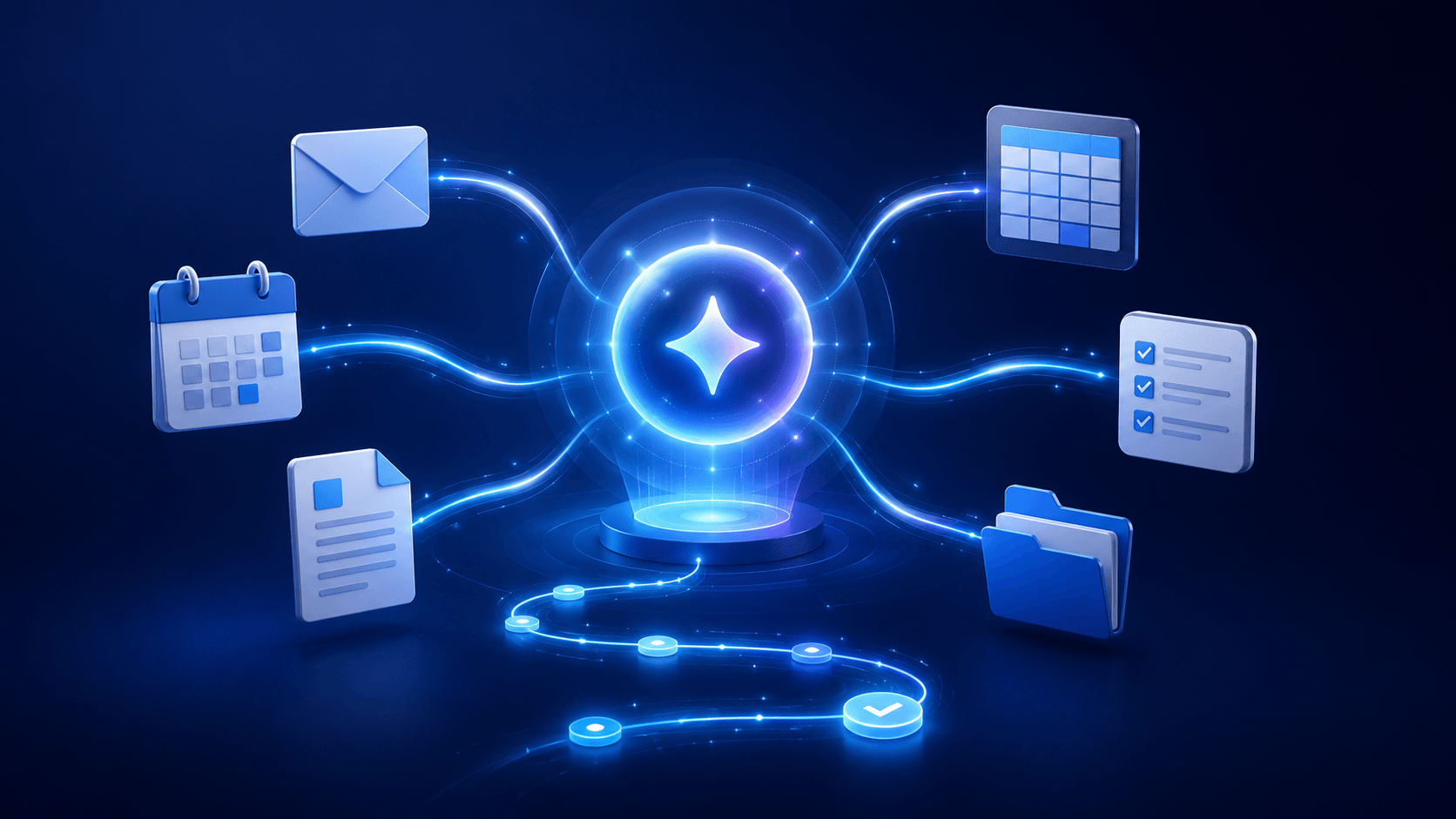 Ilustrasi Gemini Spark menghubungkan email, kalender, dokumen, spreadsheet, dan workflow produktivitas kerja.