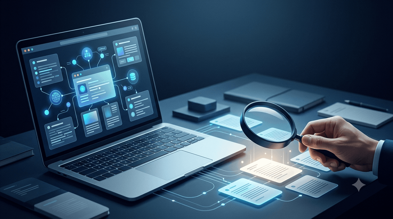 Ilustrasi riset AI dengan laptop, kartu sumber digital, dan kaca pembesar untuk memeriksa citation Perplexity.